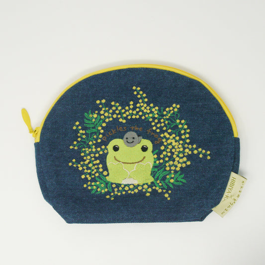 PIC-051 かえるのピクルス　デニム刺繍ポーチ（ミモザ）